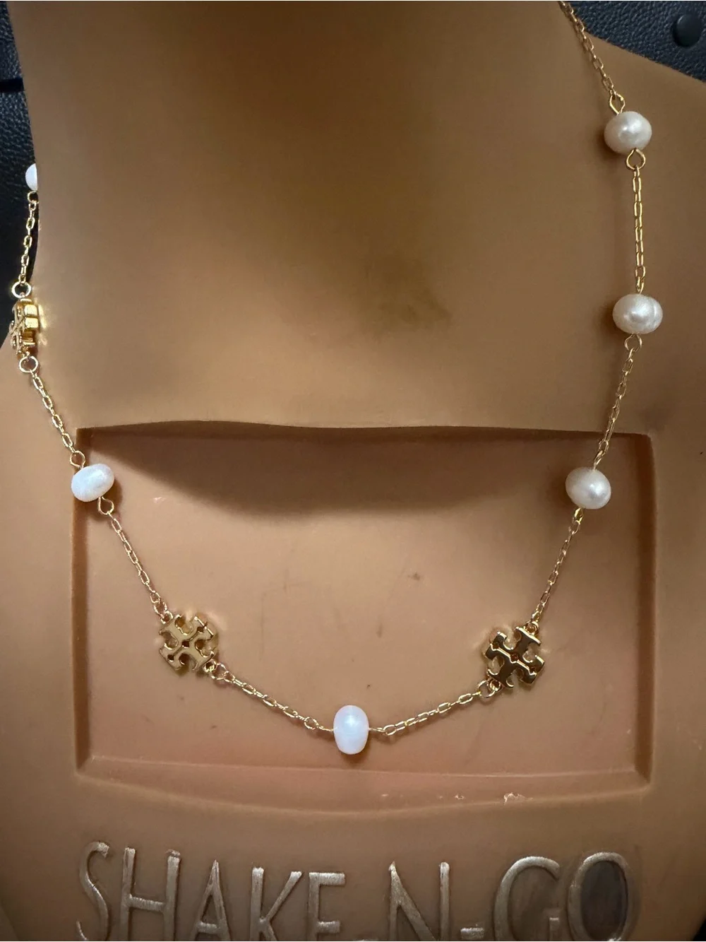 Tory Burch Gold Logo and White Pearl Station Necklace